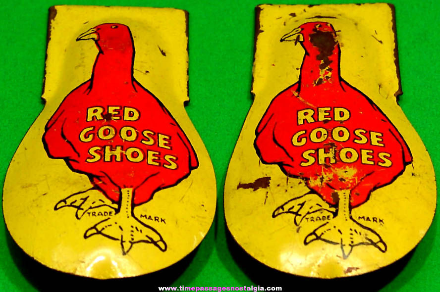 (2) Colorful Old Lithographed Tin Red Goose Shoes Advertising Premium Clicker Noisemakers
