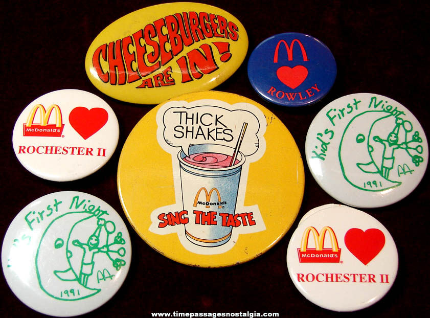 (7) McDonald’s Restaurant Advertising Employee Pin Back Buttons