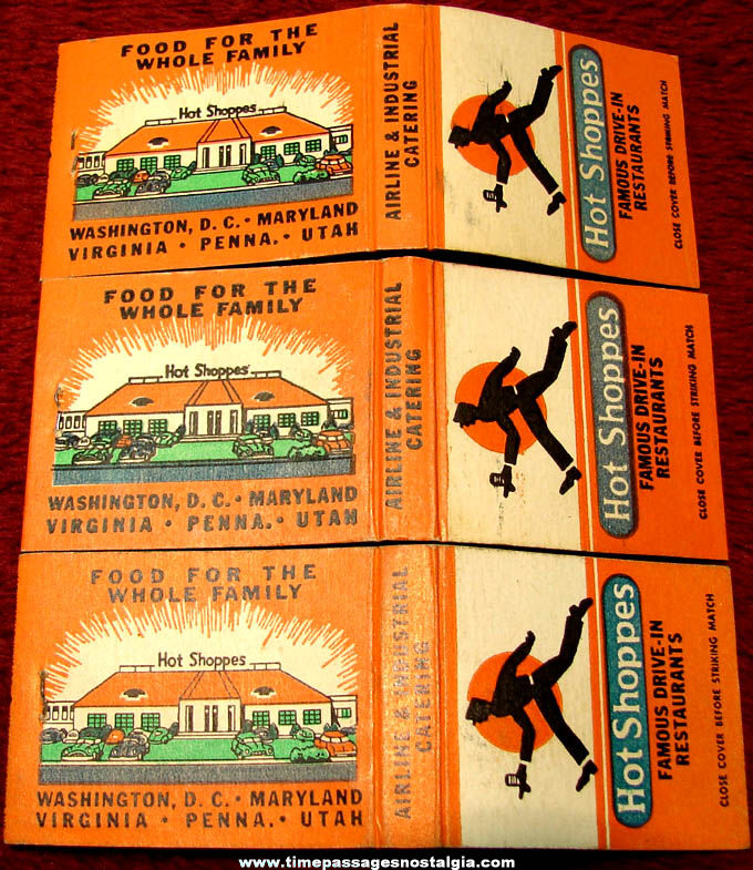 (3) Matching Old Hot Shoppes Drive In Restaurant Advertising Match Book Covers