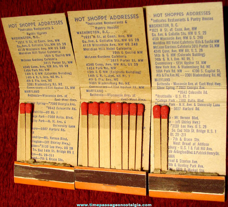 (3) Matching Old Hot Shoppes Drive In Restaurant Advertising Match Book Covers