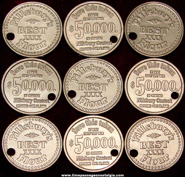 (9) 1949 Pillsbury Best XXXX Flour Contest Advertising Token Coin Charms