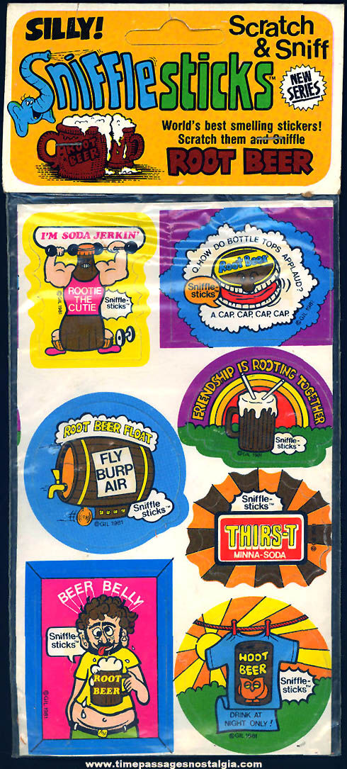 Colorful Unopened 1981 Root Beer Scratch & Sniff Snifflestick Stickers