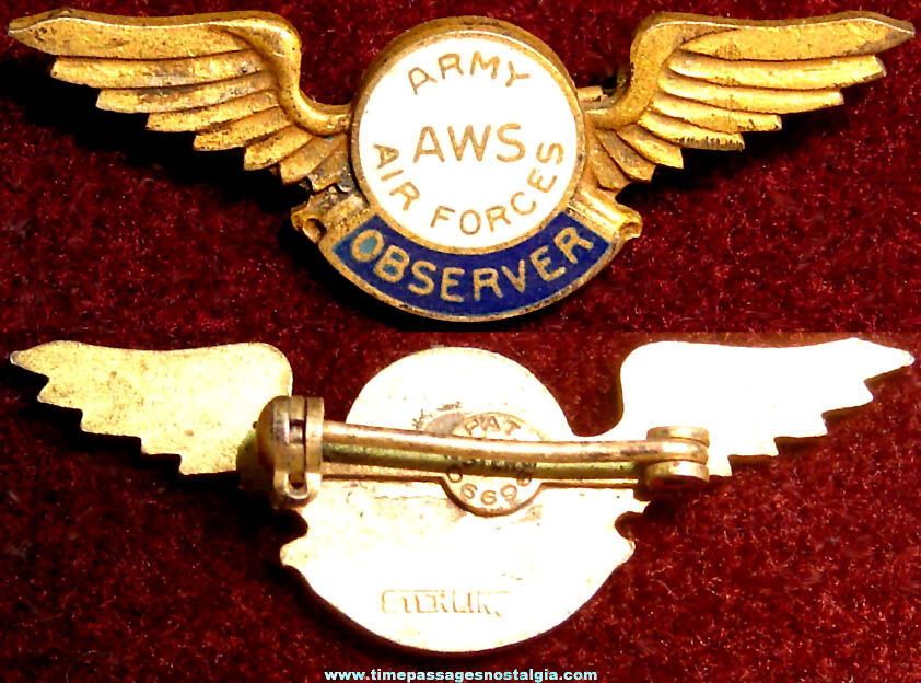 Old United States Army Air Forces AWS Observer Enameled Sterling Silver Pin