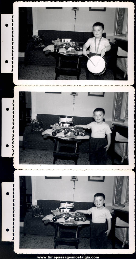 (3) Old Boy Posing with Presents Black & White Photographs