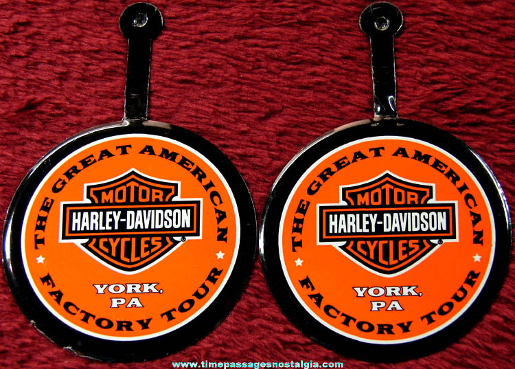 (2) Old Harley Davidson Motorcycle Great American Factory Tour Advertising Tin Tab Buttons