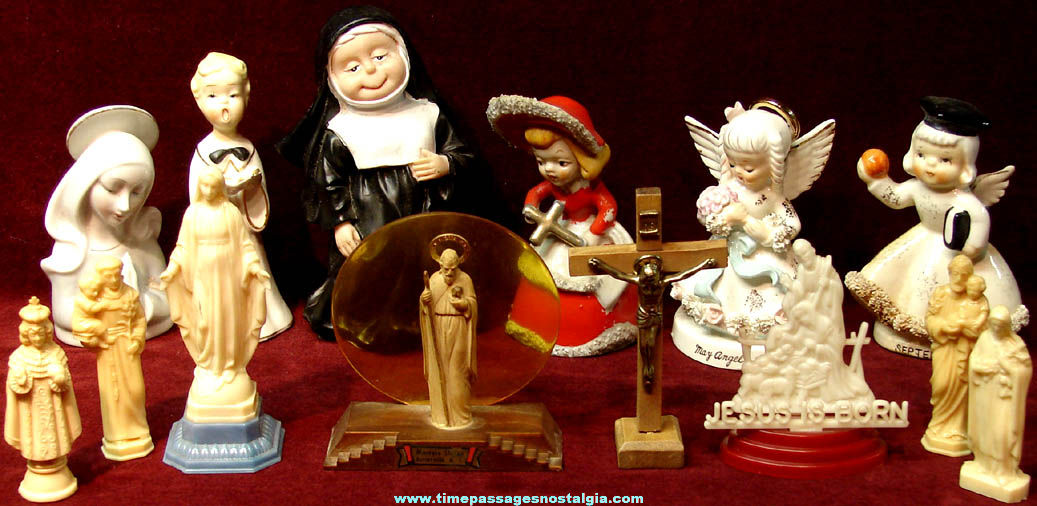 (14) Different Small Old Christian or Catholic Religious Figures or Figurines