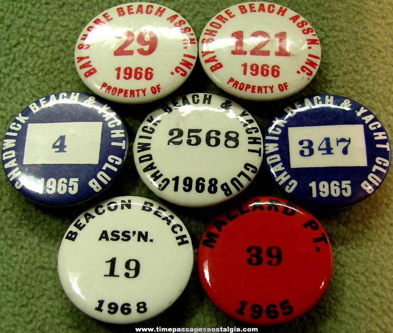 (7) 1960s Beach & Yacht Club Advertising Pin Back Button Badges