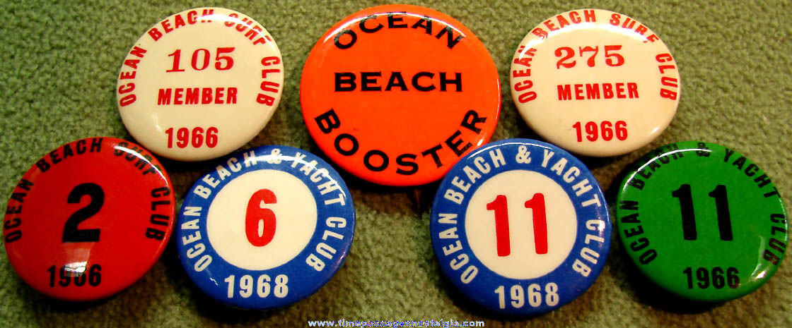 (7) 1960s Ocean Beach Surf & Yacht Club Advertising Pin Back Button Badges