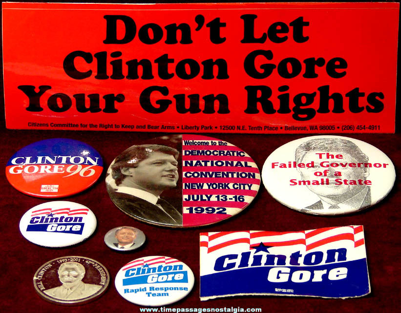 (9) Different U.S. President Bill Clinton & Al Gore Political Campaign Items