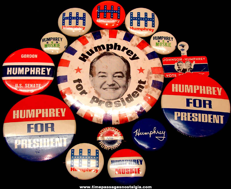 (13) Old U.S. Vice President Hubert Humphrey Political Campaign Pin Back Buttons