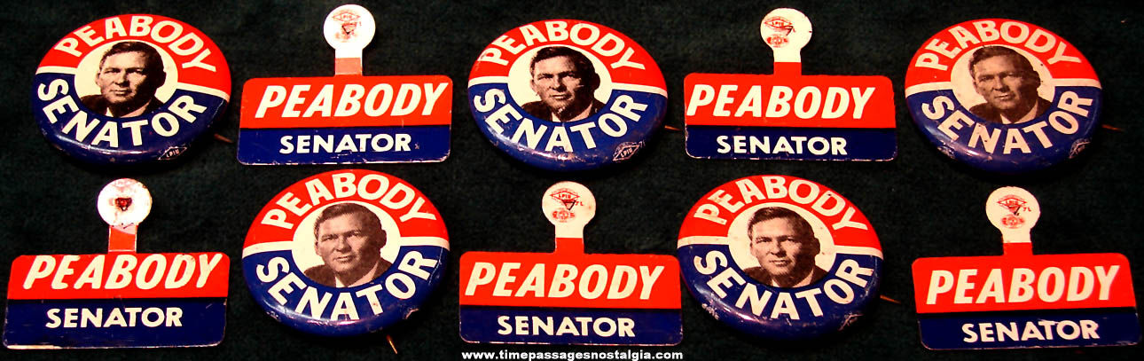 (10) Unused 1966 Endicott Peabody Massachusetts Senate Political Campaign Tin Tab and Pin Back Buttons