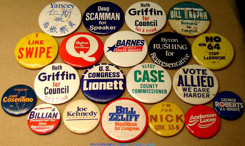(20) Miscellaneous Assorted Old Political Campaign Pin Back Buttons