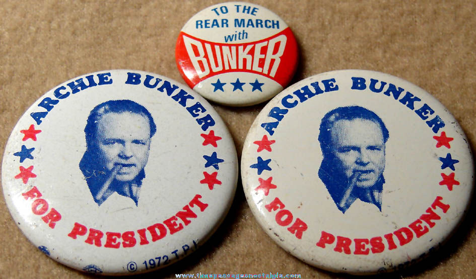 (3) 1972 Archie Bunker Television Character Tin Political Pin Back Buttons