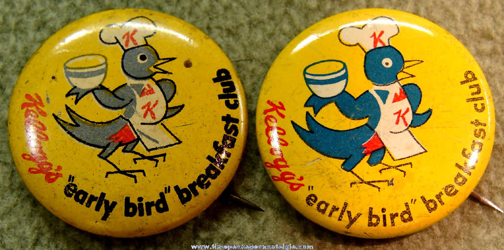 (2) Old Kellogg’s Cereal Early Bird Breakfast Club Advertising Pin Back Buttons