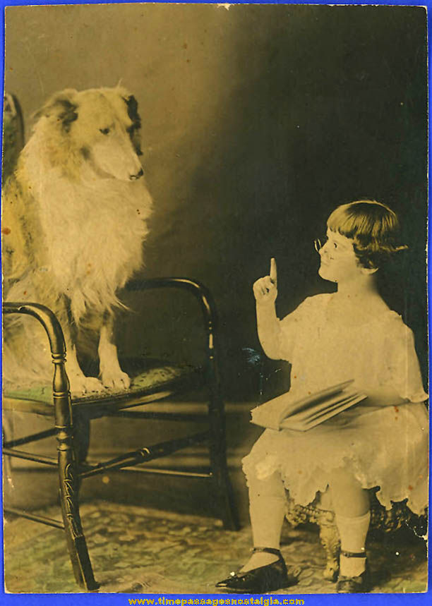 Old Unidentified Teacher Child and Student Collie Dog Photograph