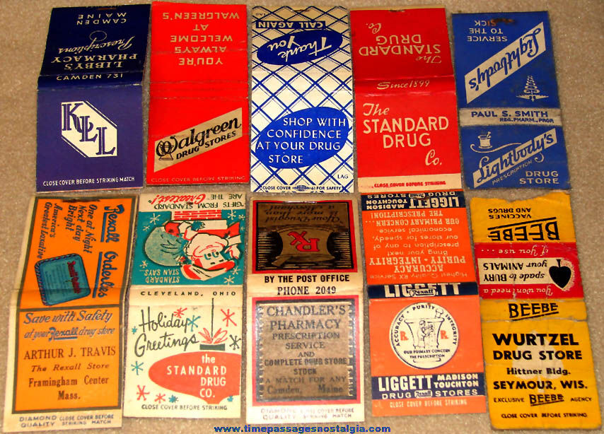 (10) Different Colorful Old Drug Store or Pharmacy Advertising Premium Match Books