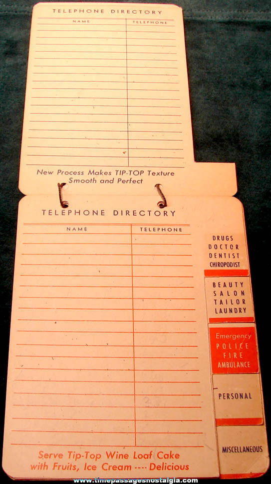 Old Ward’s Tip Top Bread Advertising Premium Personal Telephone Directory Booklet