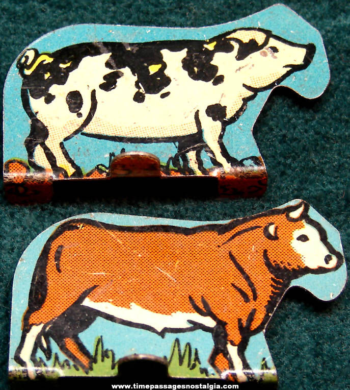 (2) Different Colorful Old Lithographed Tin Bull and Pig Stand Up Animal Figures