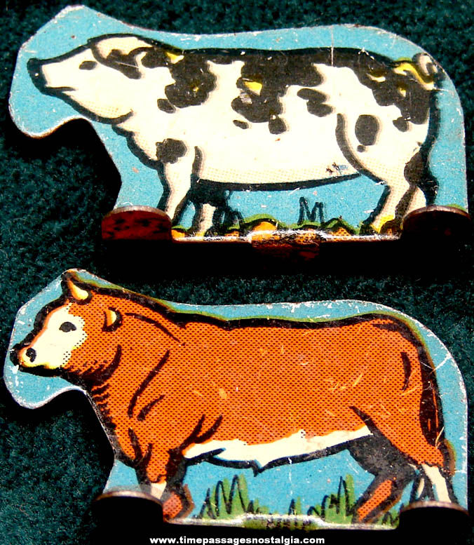 (2) Different Colorful Old Lithographed Tin Bull and Pig Stand Up Animal Figures