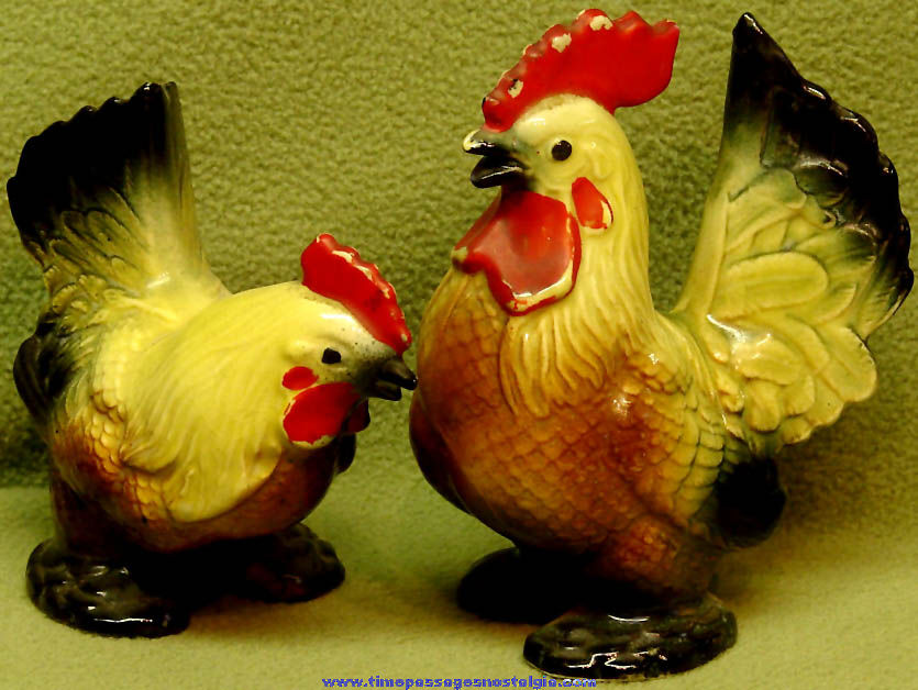 Old Ceramic or Porcelain Hen & Rooster Chicken Salt & Pepper Shaker Set
