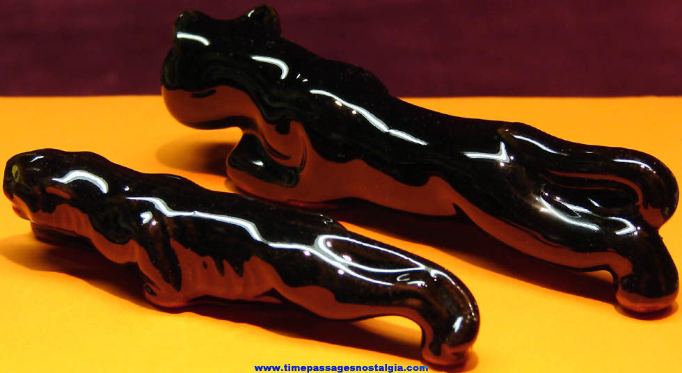 (2) Small Old Black Cat & Black Panther Porcelain or Ceramic Animal Figurines