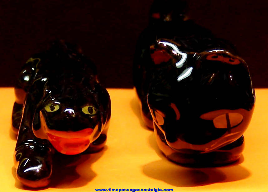 (2) Small Old Black Cat & Black Panther Porcelain or Ceramic Animal Figurines