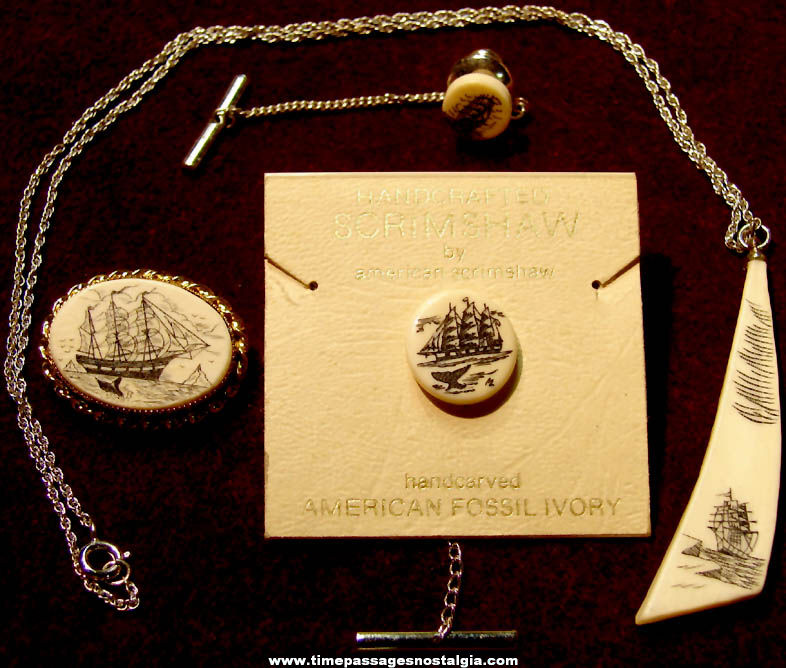 (4) Different Small Old Sailing Ship Scrimshaw Carving Jewelry Items