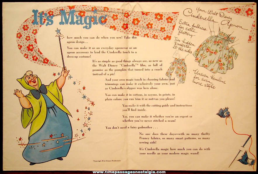 1950s J. C. Penney’s Advertising Premium Walt Disney Cinderella Apron Pattern & Instructions