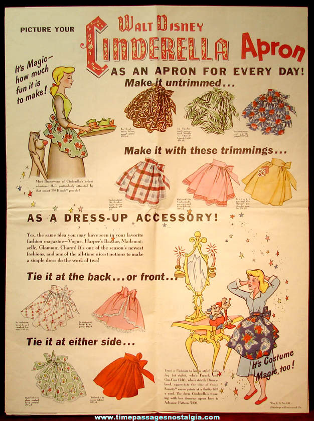 1950s J. C. Penney’s Advertising Premium Walt Disney Cinderella Apron Pattern & Instructions