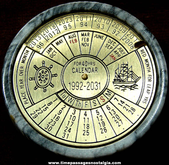 Old 40 Year Brass & Stone Nautical Perpetual Desk Calendar