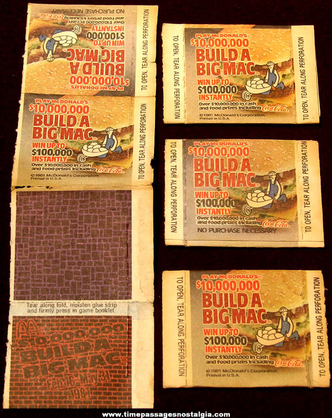 (4) 1981 McDonald’s Restaurant $10,000,000 Build A Big Mac Contest Game Pieces