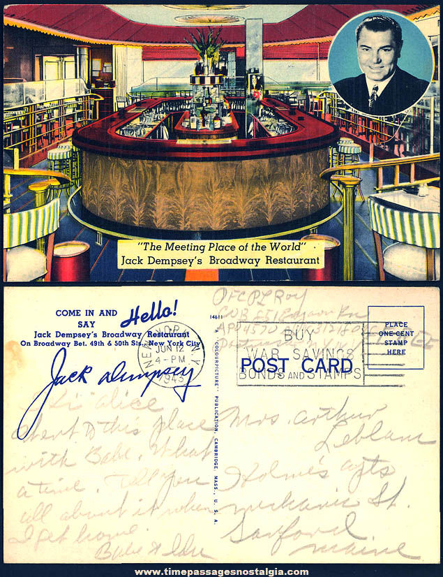 1943 Jack Dempsey’s Broadway New York City Restaurant Advertising Linen Post Card