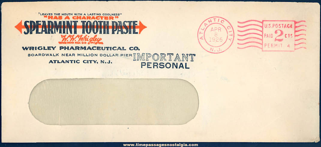 Wrigley’s Pharmaceutical Company Spearmint Tooth Paste Advertising Business Envelope