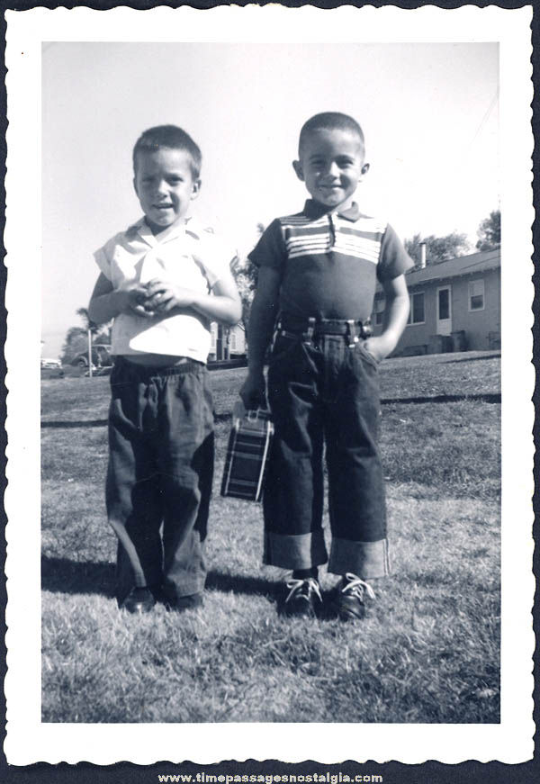 1960 Young Boys Dressed For Kindergarten with Lunch Box Black & White Photograph