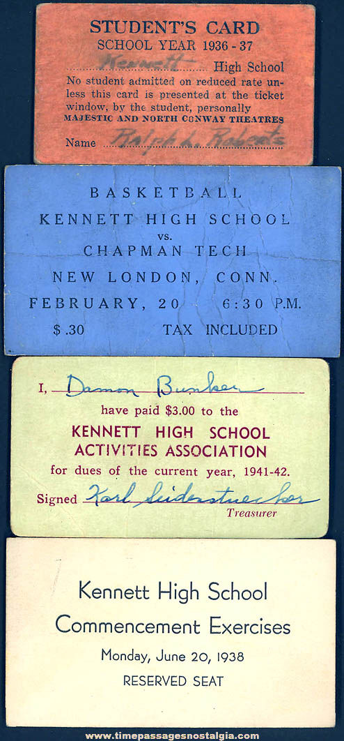 (4) Different 1930s & 1940s Kennett High School North Conway New Hampshire Student Cards