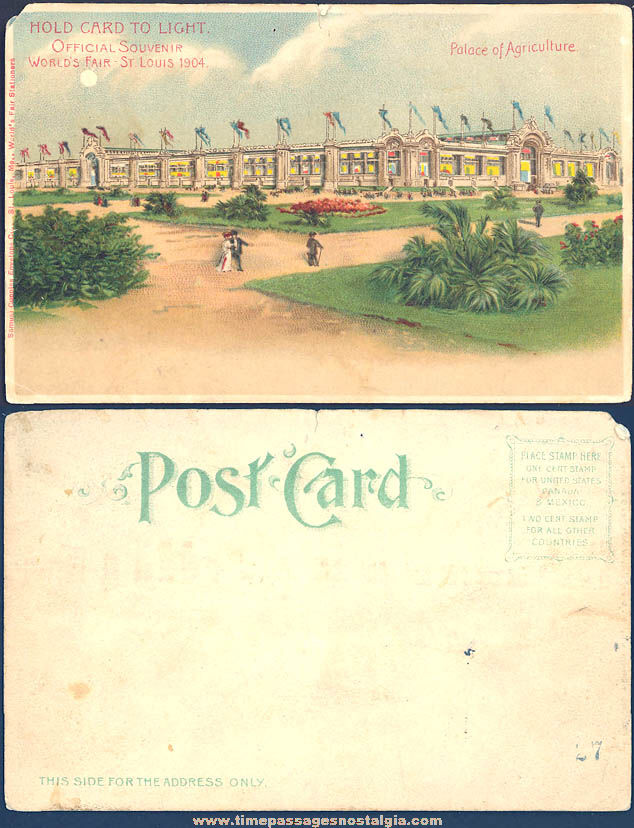 1904 St. Louis World’s Fair Palace of Agriculture Advertising Hold To Light Souvenir Post Card