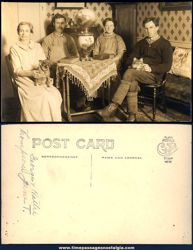 Unused Early 1900s Victorian Family & Pets Interior Home Real Photo Post Card
