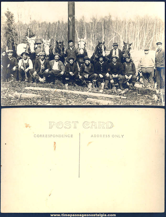Old Unused Real Photo Post Card With Men & Horses