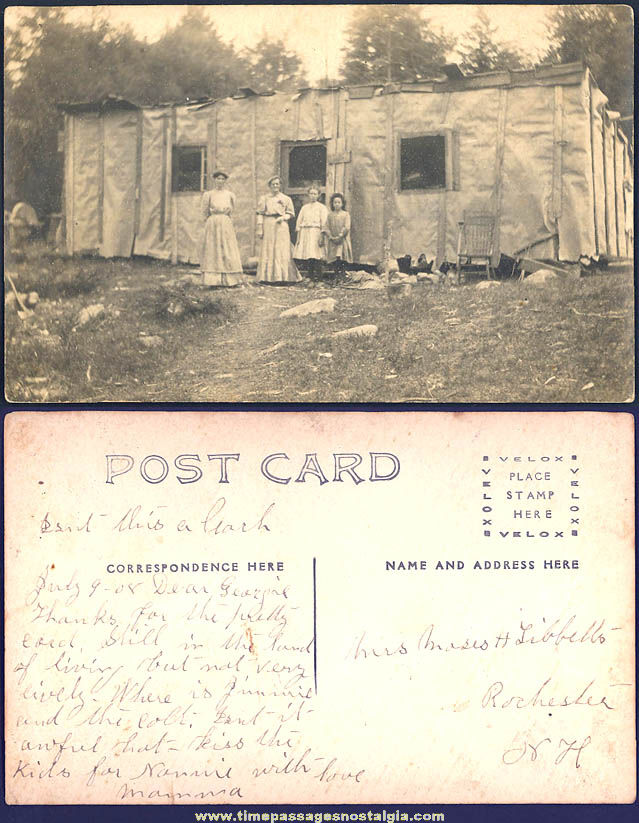 1908 Real Photo Post Card With Women Children & a Crude Home