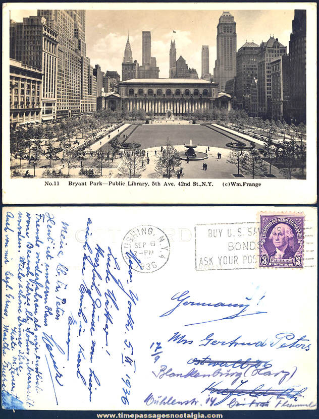 1936 Bryant Park Public Library Buildings New York City Real Photo Post Card