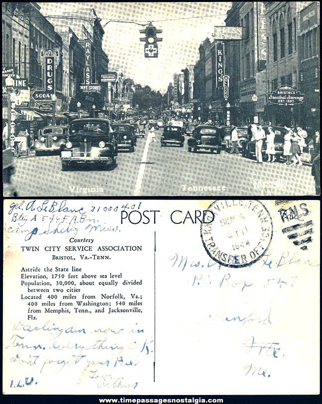 1944 Bristol Virginia Tennessee State Line Advertising Souvenir Post card