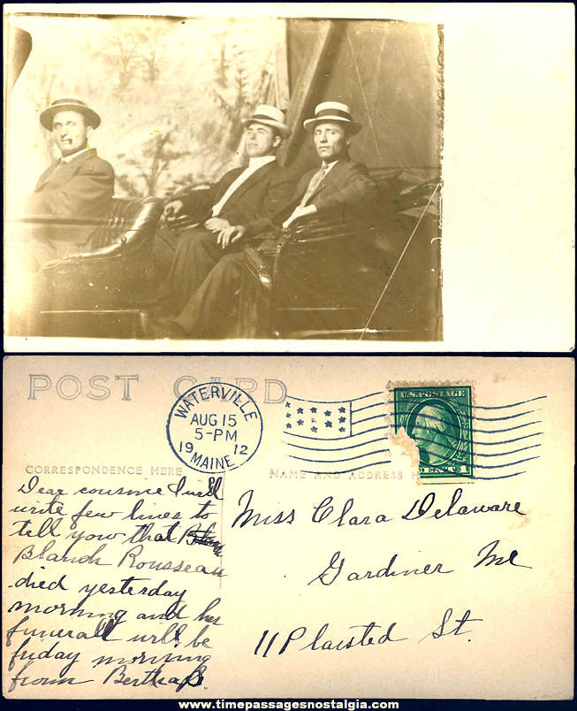 1912 Three Men In An Early Automobile Real Photo Post Card