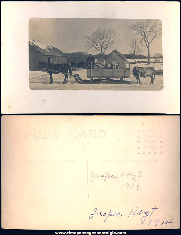 Unused 1914 Named Man With Winter Horse Sled Real Photo Post Card