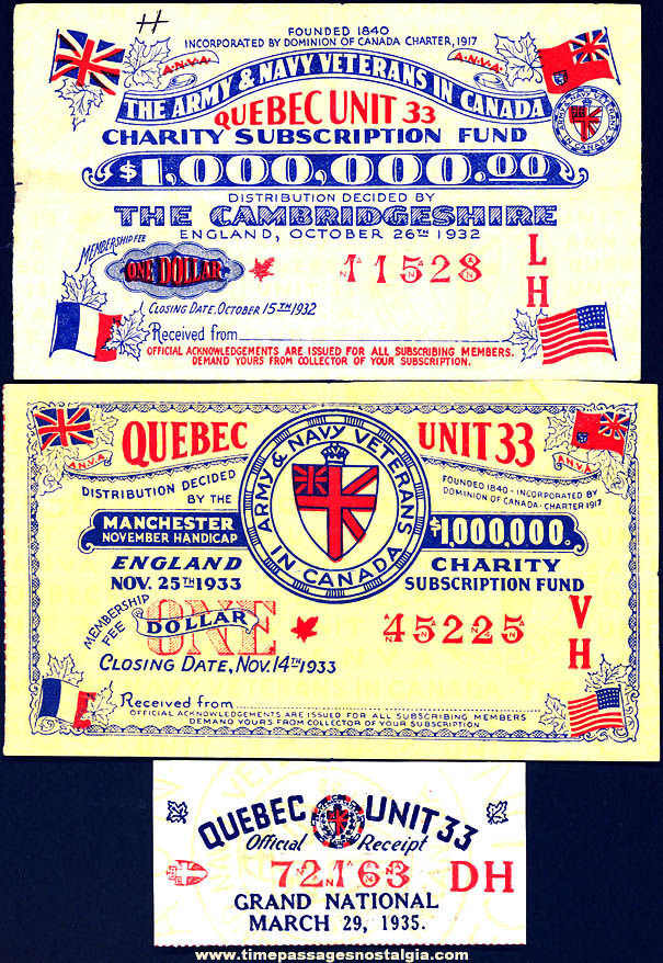 (3) 1932 - 1935 Army & Navy Veterans In Canada Charity Subscription Fund Receipt Tickets