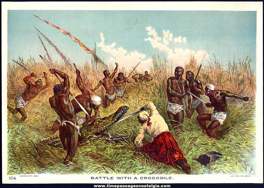 Colorful 1889 Battle With A Crocodile Lithograph Print