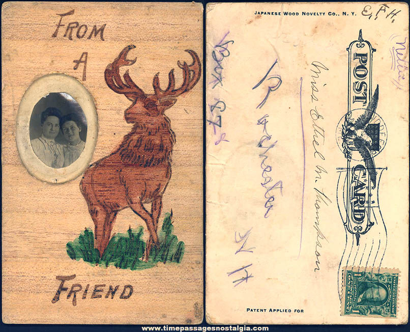 Early 1900s Stamped Wooden Novelty Post Card with Photograph