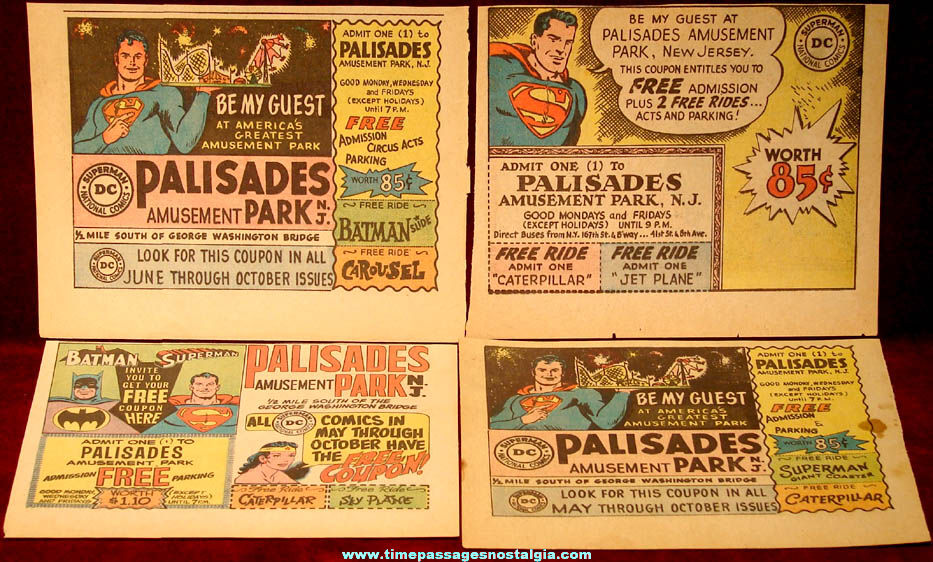 (4) Old Superman Batman & Wonder Woman Character Palisades Amusement Park Advertisements