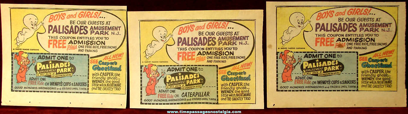 (3) Old Casper & Wendy Cartoon Character Palisades Amusement Park Advertisements