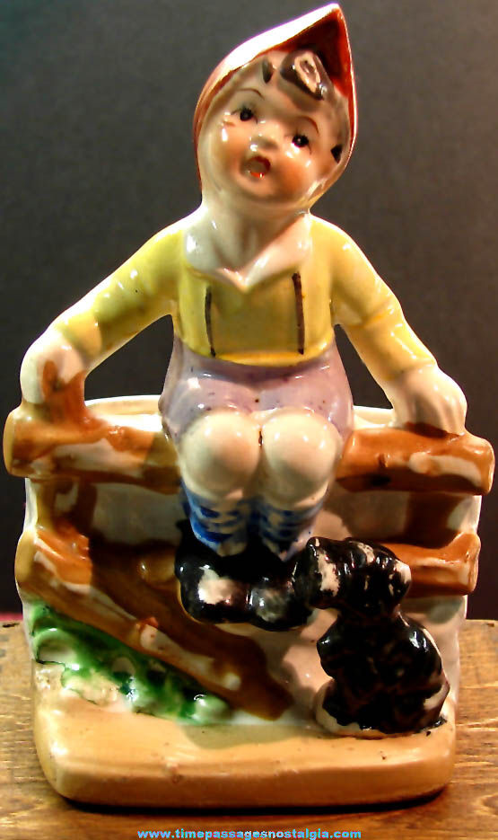 Vintage Young Boy On a Fence with Dog Porcelain Figurine Planter
