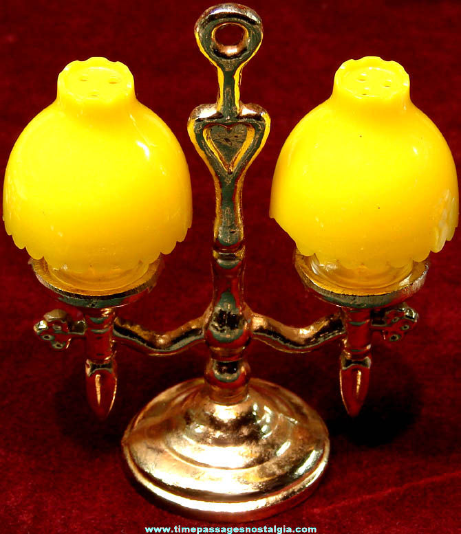Old Metal & Plastic Miniature Oil Lamp Salt & Pepper Shaker Set